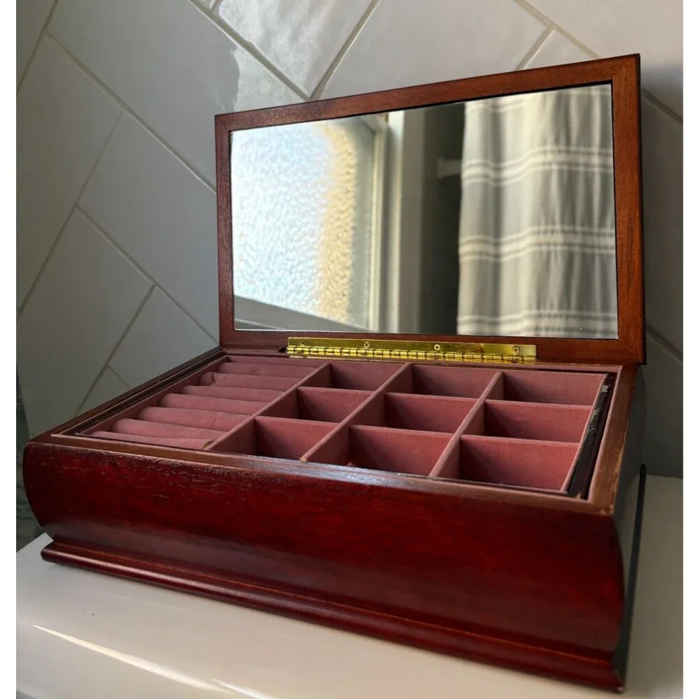 Vintage Wood Jewelry Box Tapestry Top Full Mirror Wooden Box Velvet interior